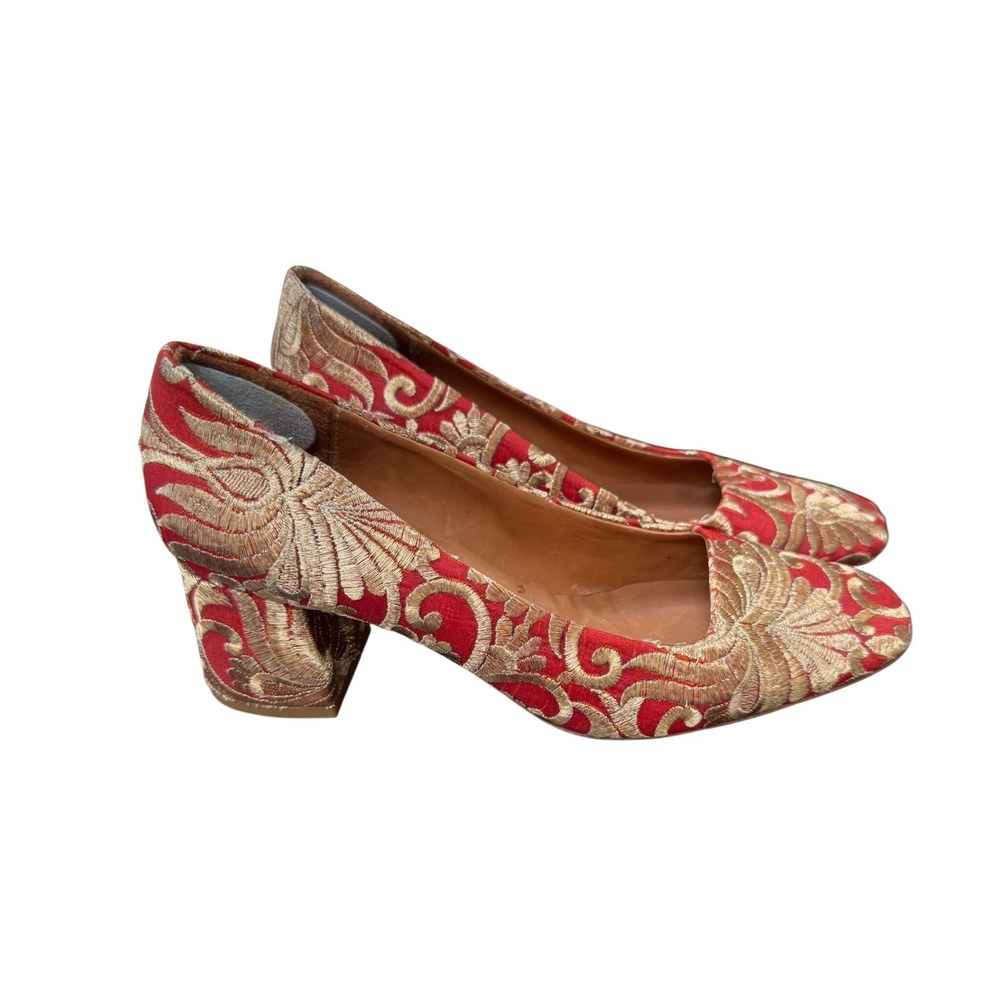 Miista London Red Gold Metallic Brocade Block Heel Pumps Square Toe Spain 39